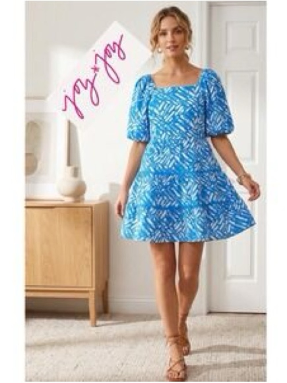 Joy Joy Blue Print Puff-Sleeve Mini Dress
